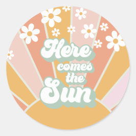 Adesivo Redondo Retro Aqui vem o Sol Daisy boho aniversário
