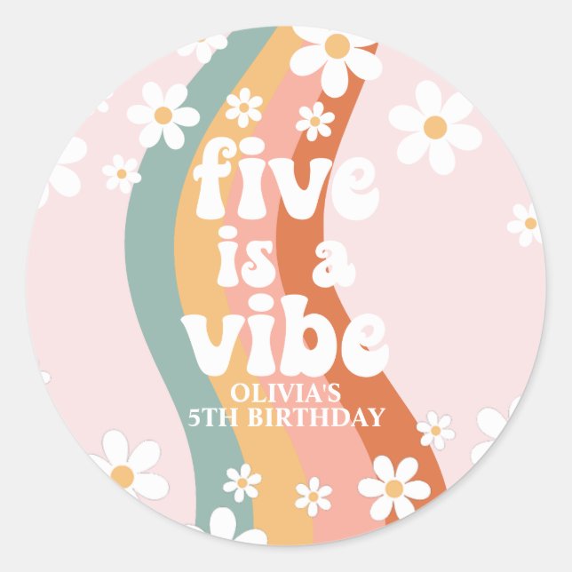 Adesivo Redondo Retro Arco-íris Five é um Clima Rosa de Aniversári (Frente)