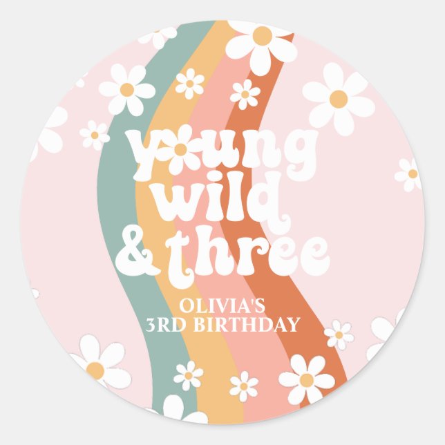 Adesivo Redondo Retro Arco-Íris Young Wild Three Daisy (Frente)