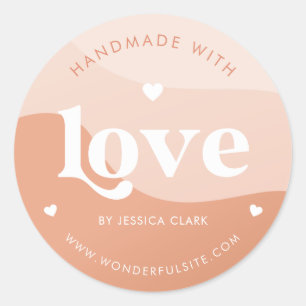 Adesivo Redondo Retro Artesanal com Amor Coração Peach Boho Ondas