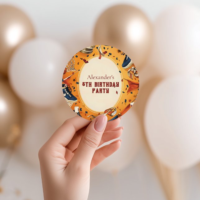 Adesivo Redondo Retro Basketball Court Birthday (Criador carregado)