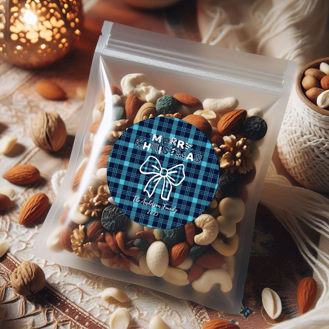 Adesivo Redondo Retro Blue Plaid Whimsical Christmas  (Criador carregado)