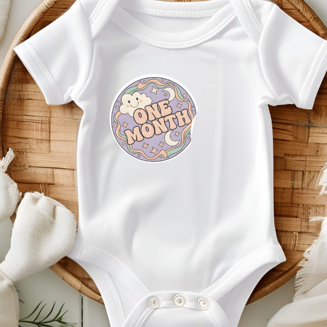 Adesivo Redondo Retro Boho Cloud Baby One Month Milestone (Criador carregado)