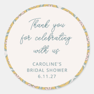 Adesivo Redondo Retro Boho Floral Amarelo Obrigado por Chuveiro Pe