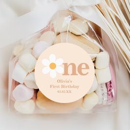 Adesivo Redondo Retro Boho One Daisy Primeiro Aniversário