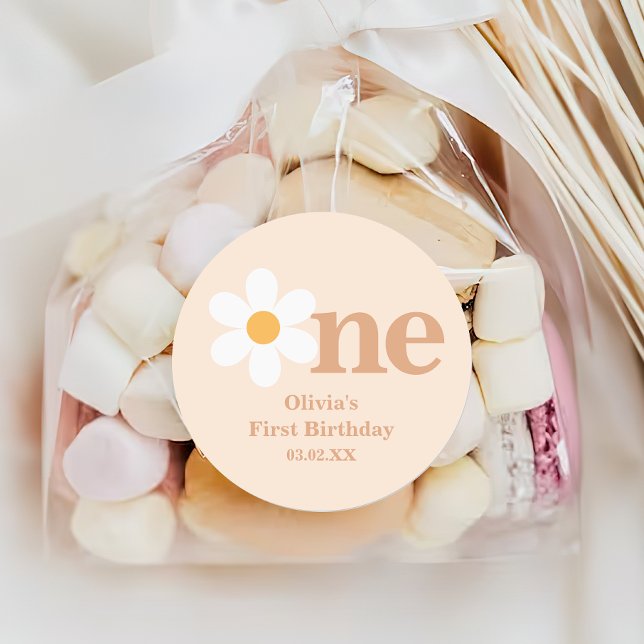 Adesivo Redondo Retro Boho One Daisy Primeiro Aniversário (Criador carregado)