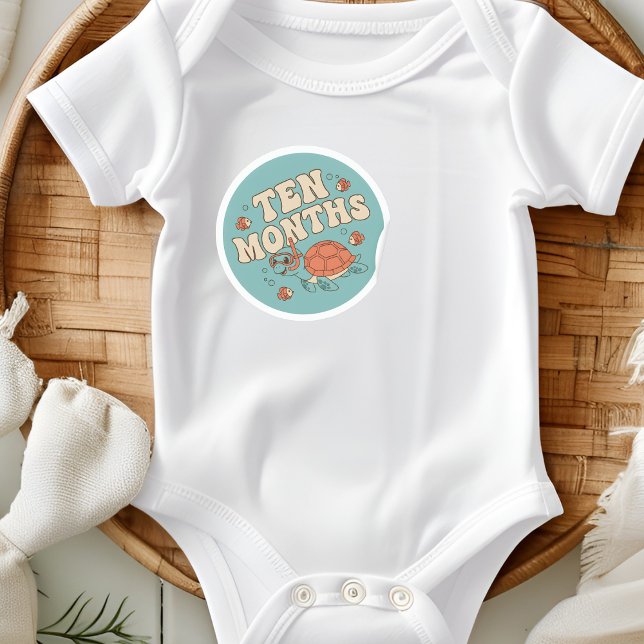 Adesivo Redondo Retro Boho Sea Turtle Baby Ten Months Milestone (Criador carregado)