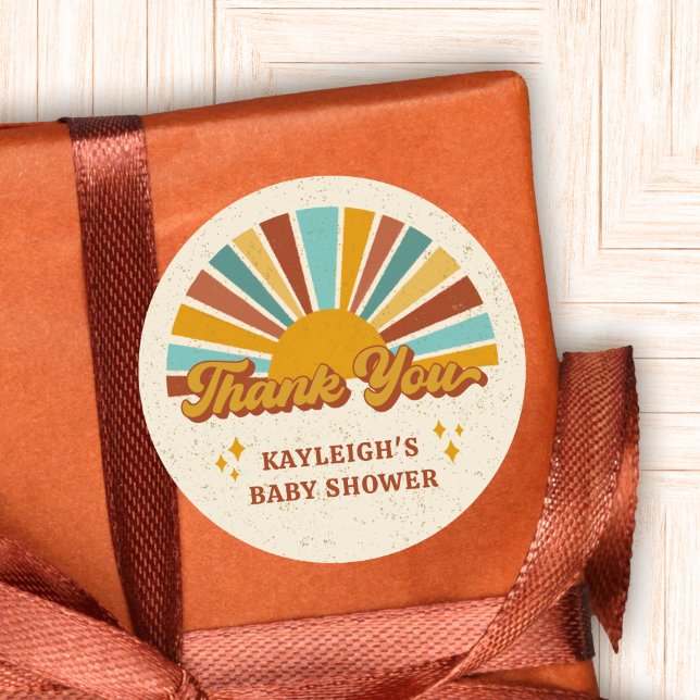 Adesivo Redondo Retro Boho Sun Chá de fraldas Obrigado Nome (Criador carregado)