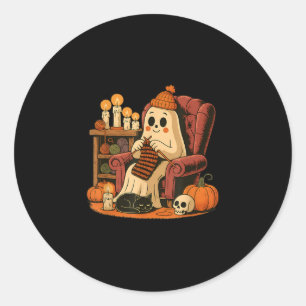 Adesivo Redondo Retro Boo Ghost Yarn Crochet tricotando Halloween