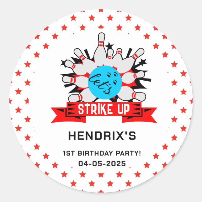 Adesivo Redondo Retro Bowling Kids 1st Birthday Party Classic Roun (Frente)