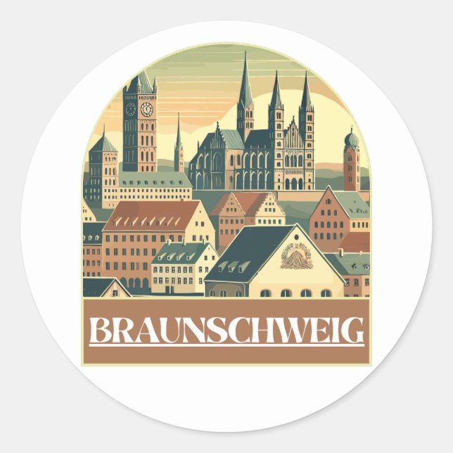 Adesivo Redondo Retro Braunschweig Skyline (Frente)