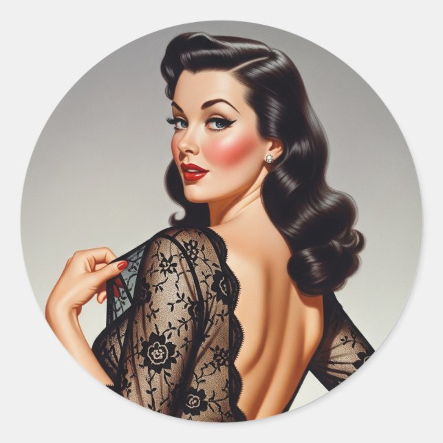 Adesivo Redondo Retro Brunette Pin-up Girl 50's Glamour Style (Frente)