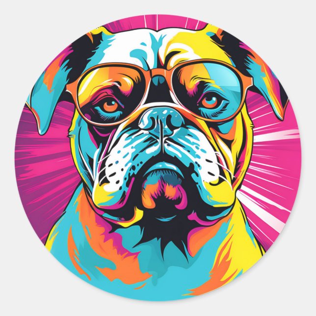 Adesivo Redondo Retro Bulldog Pop Art (Frente)