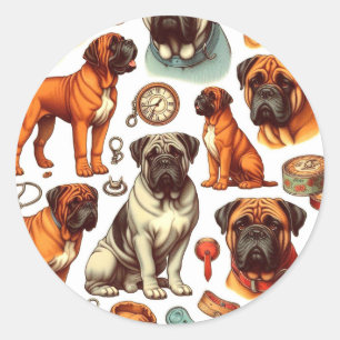 Adesivo Redondo Retro Bullmastiff Seamless