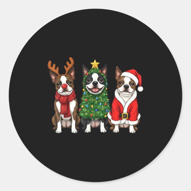 Adesivo Redondo Retro Christmas Boston Terrier Santa Reindeer Dog  (Frente)