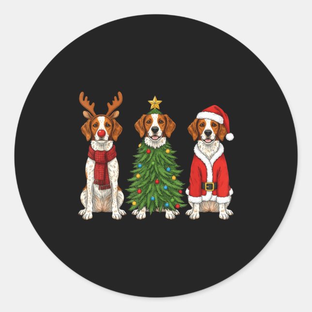 Adesivo Redondo Retro Christmas Brittany Spaniel Santa Reindeer Do (Frente)