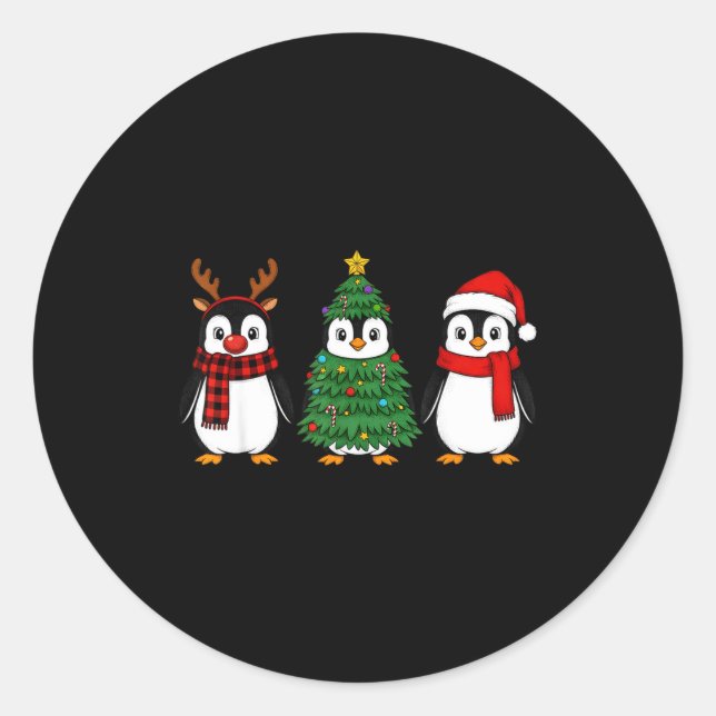 Adesivo Redondo Retro Christmas Penguin Santa Reindeer  (Frente)