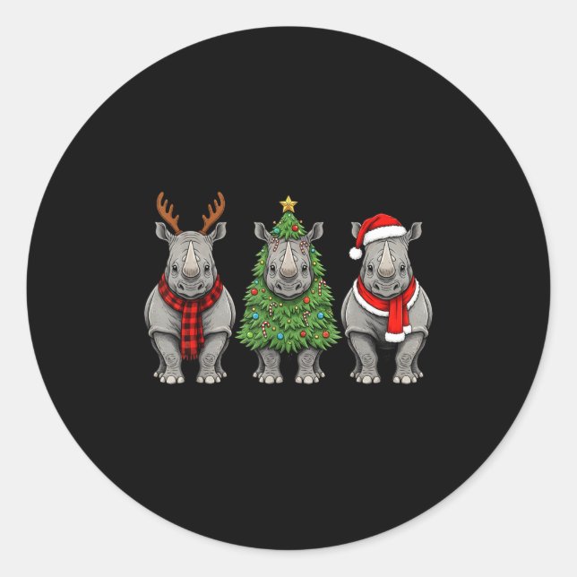 Adesivo Redondo Retro Christmas Rhino Santa Reindeer Safari Animal (Frente)