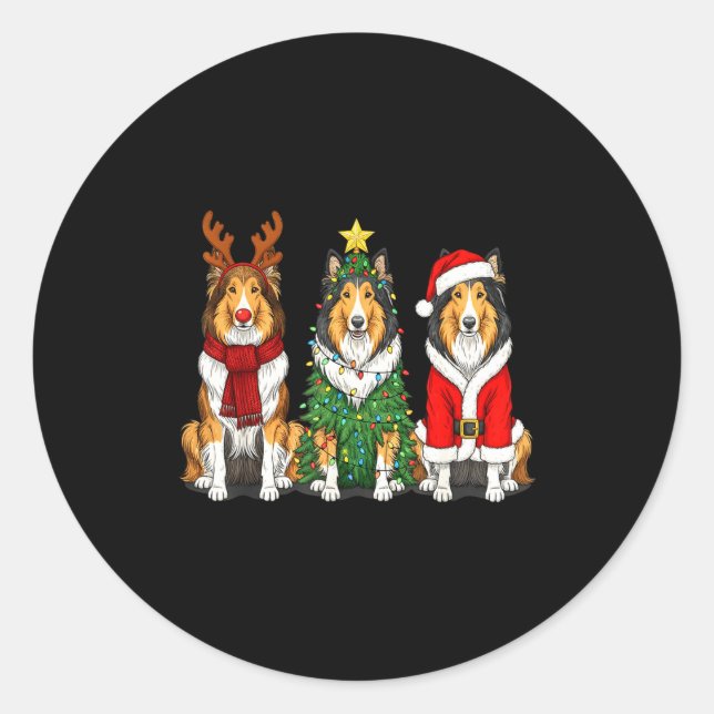 Adesivo Redondo Retro Christmas Rough Collie Santa Reindeer Dog Lo (Frente)