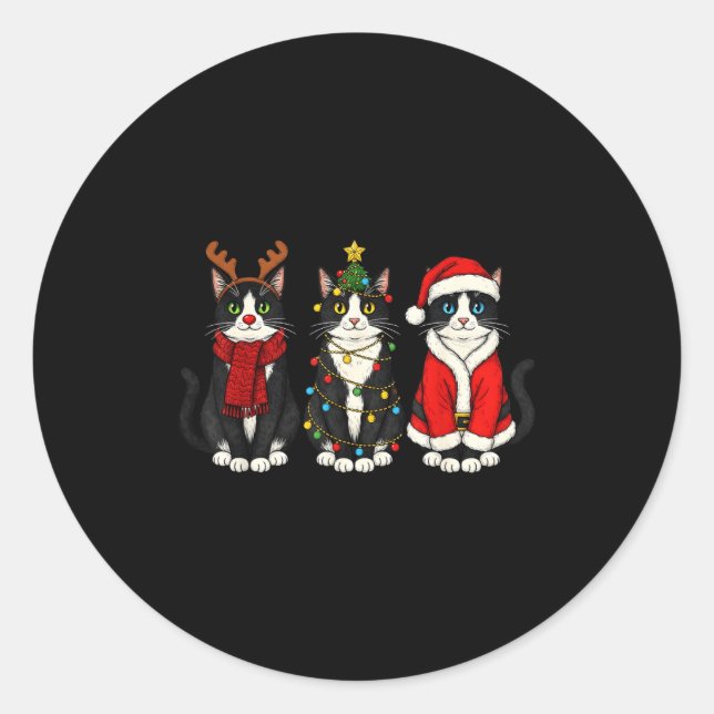 Adesivo Redondo Retro Christmas Tuxedo Cat Santa Reindeer  (Frente)