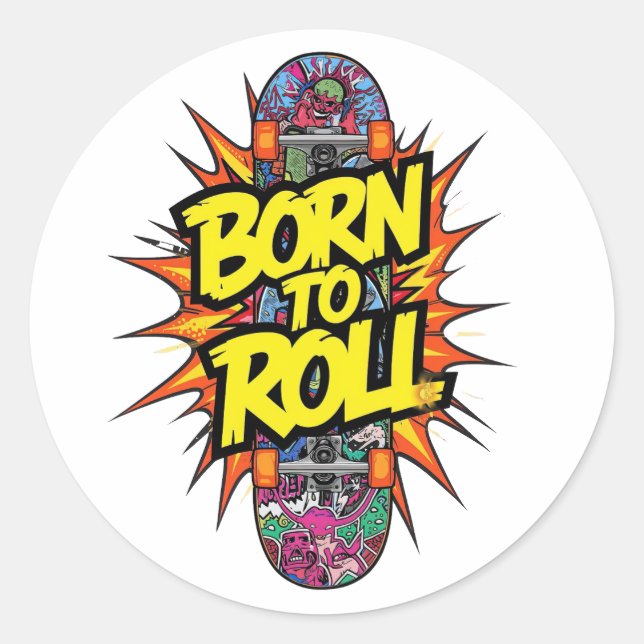 Adesivo Redondo Retro Comic Style "Born to Roll" Skater (Frente)