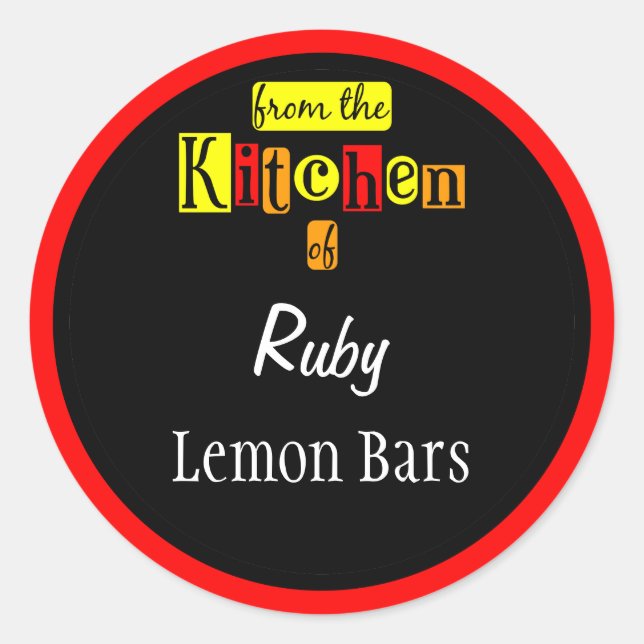 Adesivo Redondo Retro da Cozinha de Letras em Preto Editável (Frente)