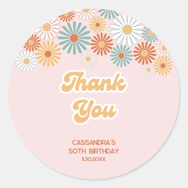 Adesivo Redondo Retro Daisy Boho Groovy Floral Birthday (Frente)