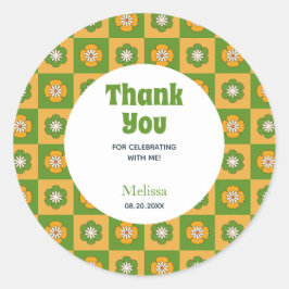 Adesivo Redondo Retro Daisy Floral Checked Green Obrigado