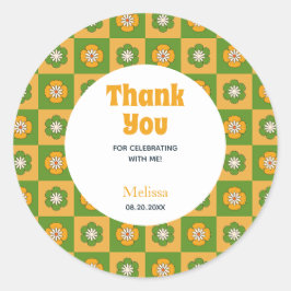 Adesivo Redondo Retro Daisy Floral Verificado Aniversário Obrigado