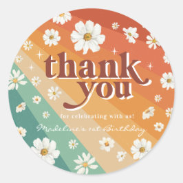 Adesivo Redondo Retro Daisy Rainbow Aniversário Obrigado