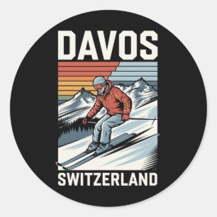 Adesivo Redondo Retro Davos Suiça Ski Resort