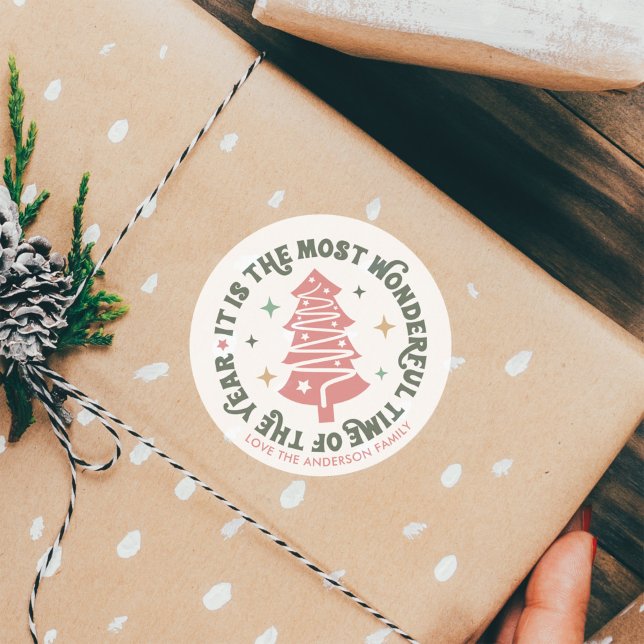 Adesivo Redondo Retro de Natal Rosa (Criador carregado)