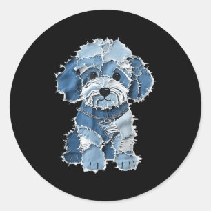 Adesivo Redondo Retro Denim Dog Patch, Engraçado Shabby Blue Jean 