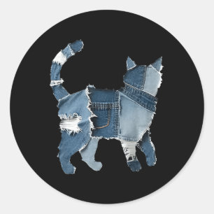 Adesivo Redondo Retro Divertido Remendo de Denim Animal Gato