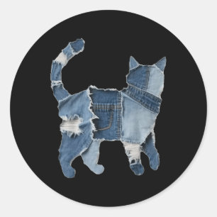 Adesivo Redondo Retro Divertido Remendo de Denim Animal Gato Impre