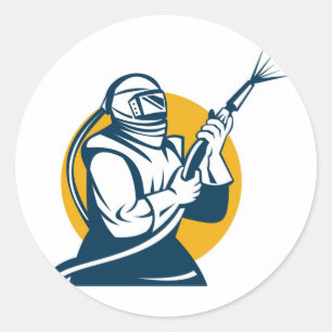 Adesivo Redondo retro do trabalhador de sandblaster de areia blast