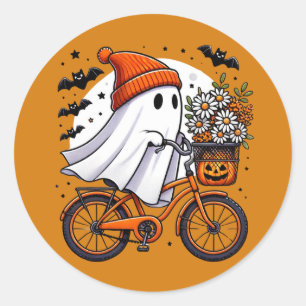 Adesivo Redondo Retro Fantasma no Halloween de Bicicleta