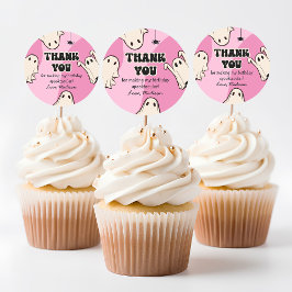 Adesivo Redondo Retro Fantasmas Rosa Halloween Obrigado