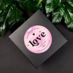 Adesivo Redondo Retro Feito à Mão com Amor Rosa Camadas Coração Fo