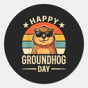 Adesivo Redondo Retro Feliz Dia do Groundhog Legal Dia da Toupeira