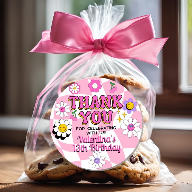 Adesivo Redondo Retro Feliz Sorriso Olho Rosa Marcado Obrigado (Criador carregado)