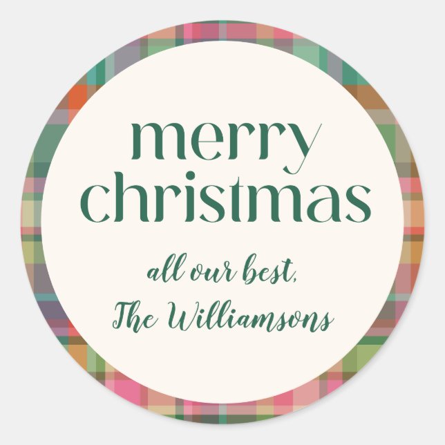 Adesivo Redondo Retro Festivo Xadrez de Natal - Escuro (Frente)