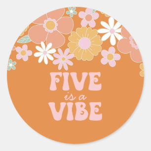 Adesivo Redondo Retro Floral Five is a Vibe 5º aniversário