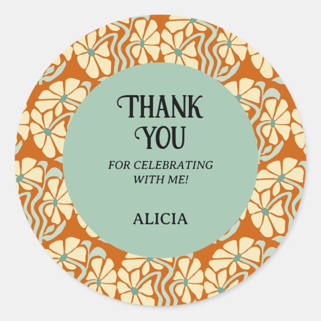 Adesivo Redondo Retro Funky Groovy Boho Botânico Aniversário (Frente)