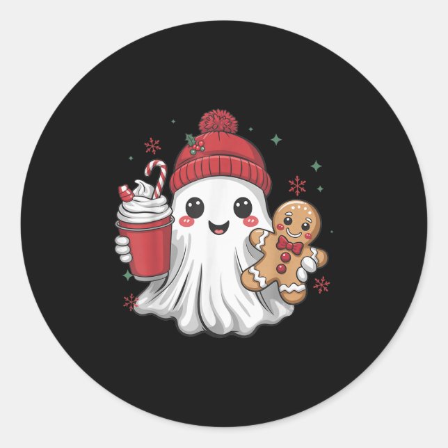 Adesivo Redondo Retro Ghost Beanie Christmas Holiday Xmas Coffee G (Frente)