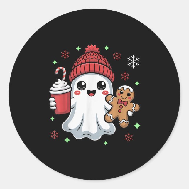 Adesivo Redondo Retro Ghost Beanie Christmas Holiday Xmas Coffee G (Frente)