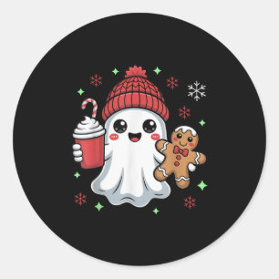 Adesivo Redondo Retro Ghost Beanie Natal Férias Xmas Café G