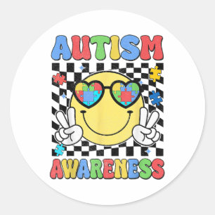 Adesivo Redondo Retro Groovy Autismo Consciência Hippie Smile Face