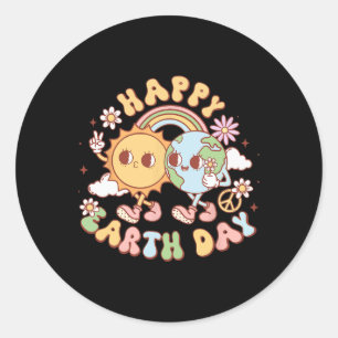 Adesivo Redondo Retro Groovy Earth Day 2025 Planet Anniversário Wo
