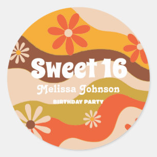 Adesivo Redondo Retro Groovy Hippie Flower Sweet 16 Aniversário